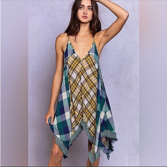POL Dresses & Skirts - POL - Plaid Patchwork Sleeveless Tattered Hem Dress